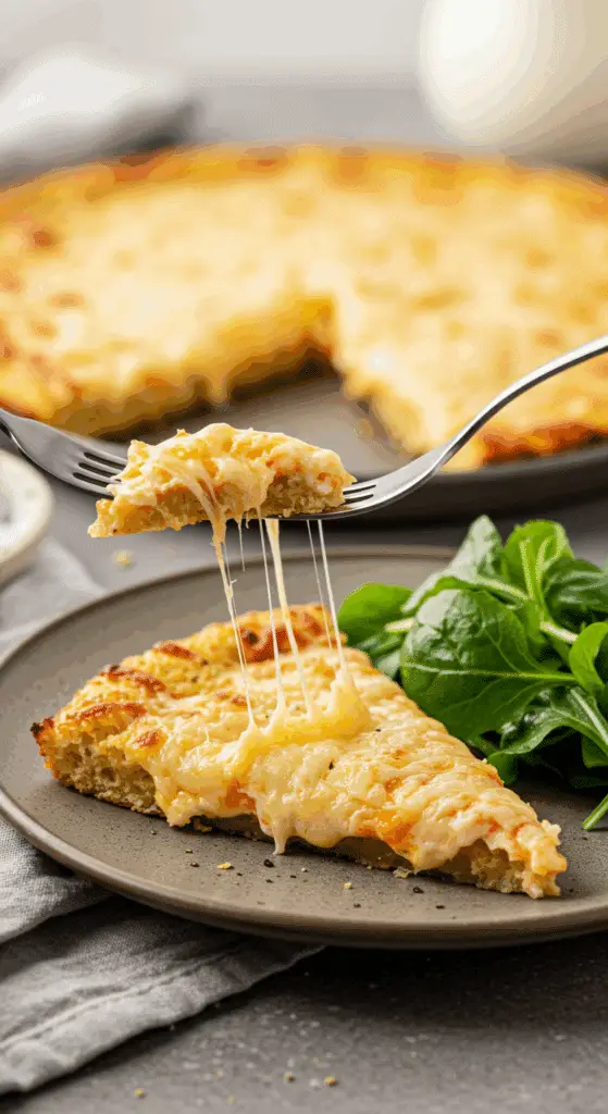 A healthy slice of homemade, cheesy Cauliflower Crust Pizza being served for a casual family dinner.