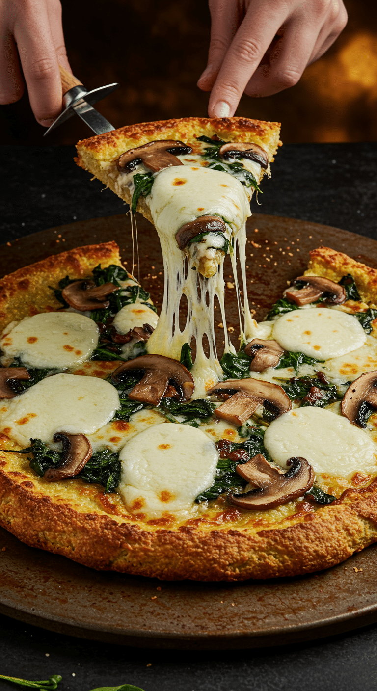 A beautiful, overhead shot of a homemade, crispy, and golden-brown Keto Cauliflower Crust Pizza, with a cheesy, sturdy slice being lifted out to show an epic cheese pull.