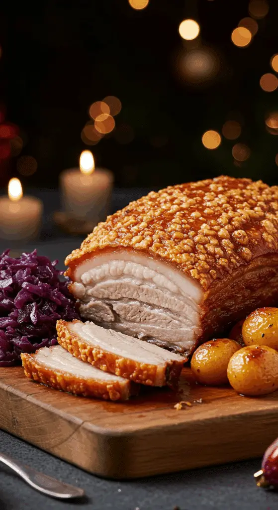 A beautiful, rustic cutting board with a homemade, impressive Holiday Crispy Pork Belly, with a puffy, golden crackling, and a juicy, thick slice cut from the end.