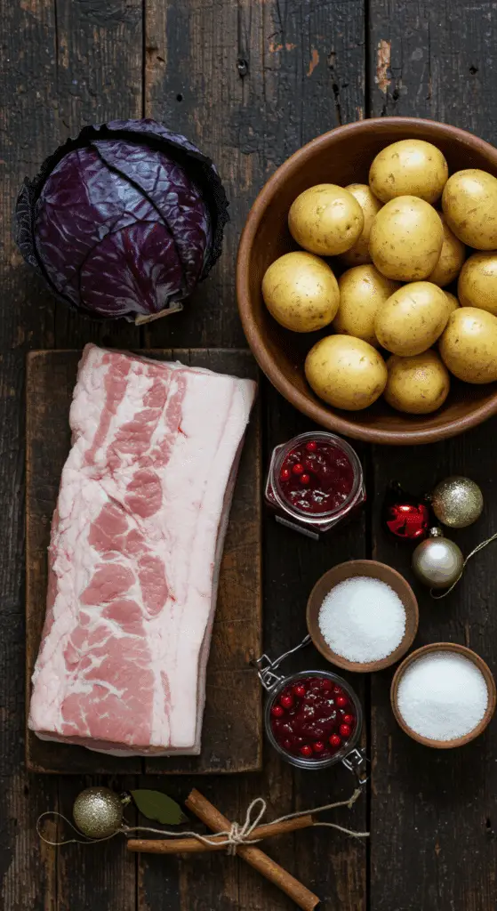 The simple, from-scratch ingredients for the classic and impressive Holiday Crispy Pork Belly recipe.