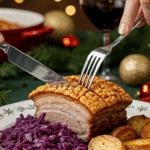 A beautiful plate of a homemade, thick, and crispy slice of Pork Belly, being served with braised red cabbage and caramelized potatoes at a Christmas dinner