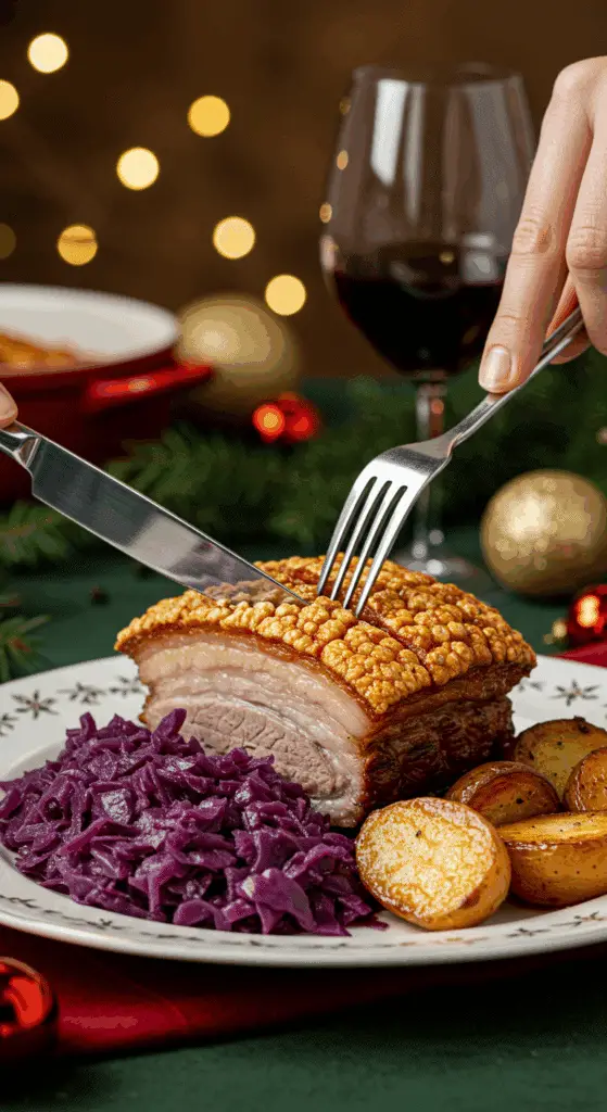 A beautiful plate of a homemade, thick, and crispy slice of Pork Belly, being served with braised red cabbage and caramelized potatoes at a Christmas dinner