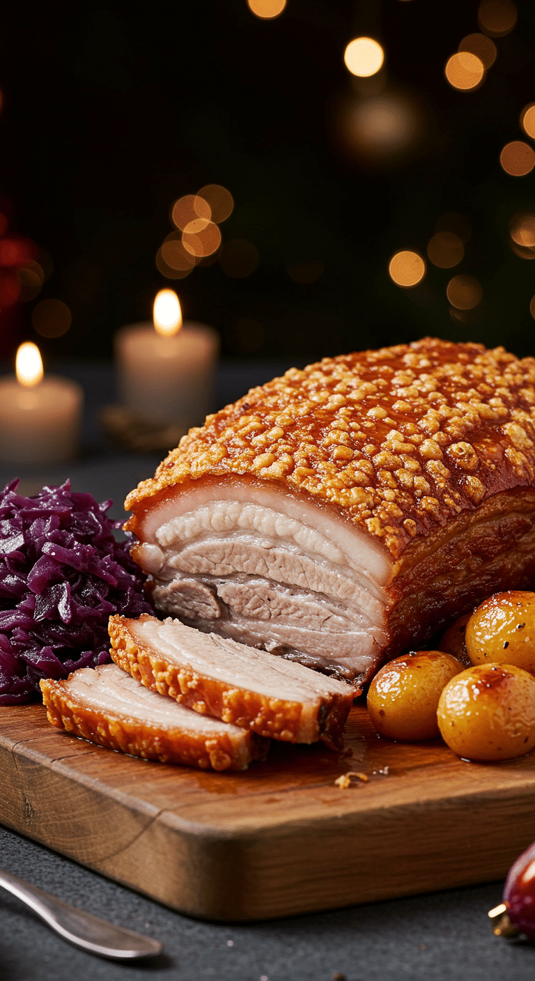 A beautiful, rustic cutting board with a homemade, impressive Holiday Crispy Pork Belly, with a puffy, golden crackling, and a juicy, thick slice cut from the end.