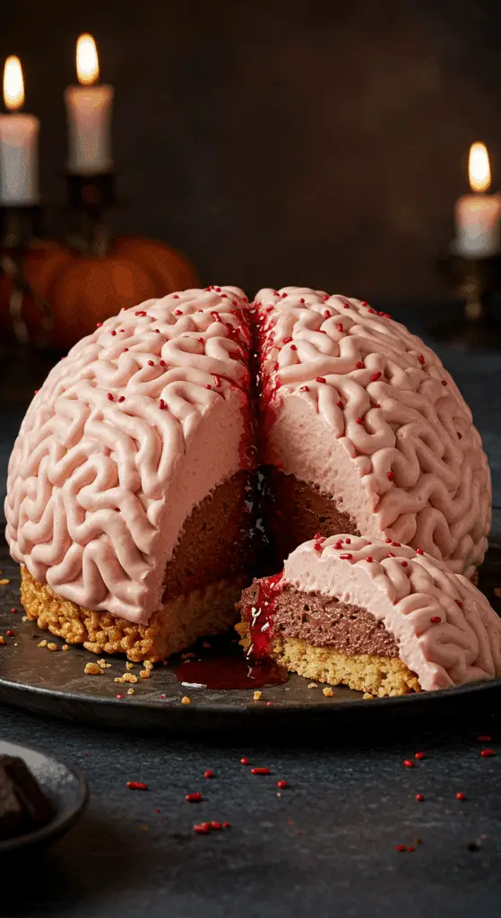 A beautiful, rustic platter with a homemade, spooky, and gory Stuffed Crispy Rice Cereal Brain, with a slice cut to show the hidden chocolate mousse filling.