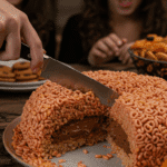 The whole, homemade, spooky, and "bloody" Stuffed Crispy Rice Cereal Brain being served as the centerpiece at a fun and casual Halloween party.