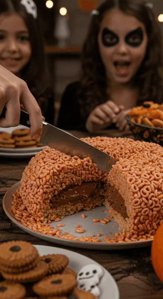 The whole, homemade, spooky, and "bloody" Stuffed Crispy Rice Cereal Brain being served as the centerpiece at a fun and casual Halloween party.