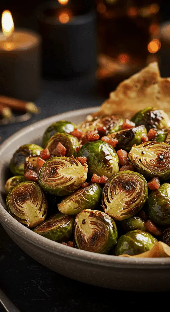 A beautiful, rustic bowl of homemade, crispy, and caramelized Balsamic-Roasted Brussels Sprouts, tossed with a glossy balsamic glaze and crispy pancetta.