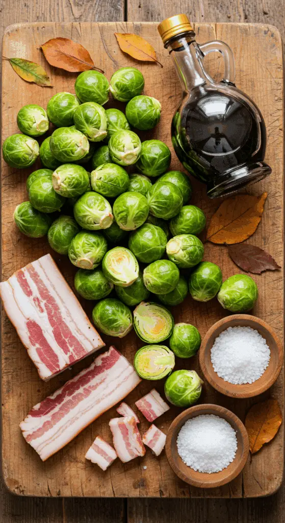 The simple, fresh ingredients for the classic and easy Balsamic-Roasted Brussels Sprouts recipe with pancetta.