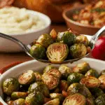 A beautiful bowl of homemade, crispy Balsamic-Roasted Brussels SprouTts being served as a side dish at a festive Thanksgiving holiday dinner.