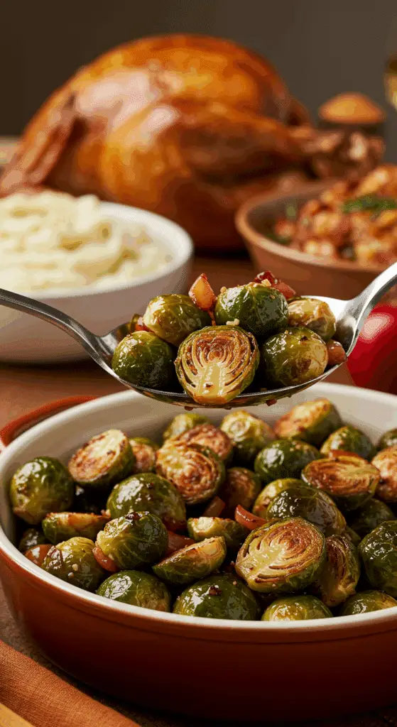 A beautiful bowl of homemade, crispy Balsamic-Roasted Brussels SprouTts being served as a side dish at a festive Thanksgiving holiday dinner.