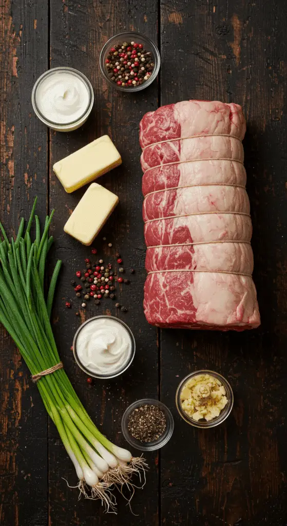 The simple, from-scratch ingredients for the classic and impressive Holiday Prime Rib with Horseradish Sauce.