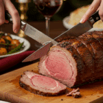 The whole, homemade, impressive, and crusted Prime Rib being carved as the centerpiece at a fun and sophisticated Christmas party.