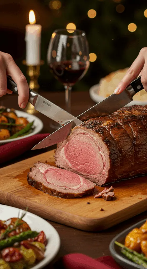 The whole, homemade, impressive, and crusted Prime Rib being carved as the centerpiece at a fun and sophisticated Christmas party.