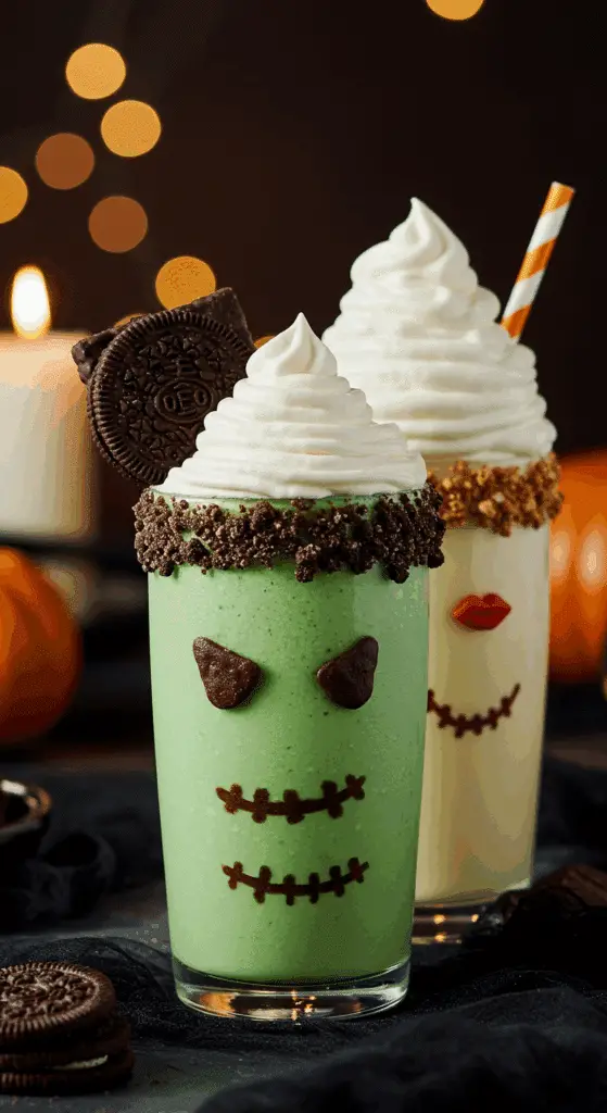 A beautiful, rustic platter with two homemade, spooky Halloween Milkshakes: a green "Frankenshake" and a white "Bride of Frankenshake" with a whipped cream hairdo.