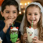 Two children happily drinking a homemade, spooky, and decorated "Frankenshake" and "Bride of Frankenshake" at a fun and casual Halloween party.