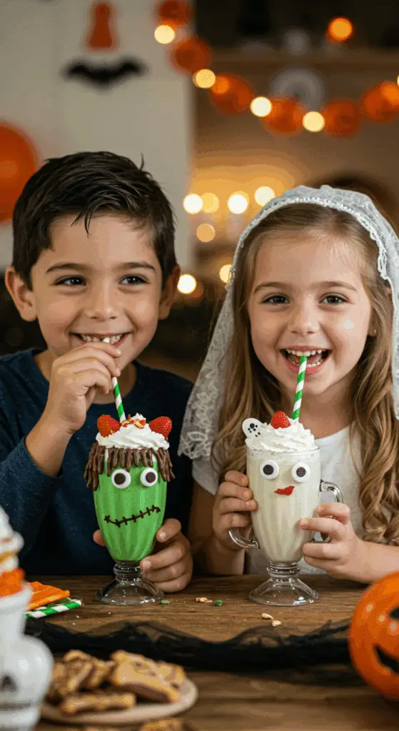 Two children happily drinking a homemade, spooky, and decorated "Frankenshake" and "Bride of Frankenshake" at a fun and casual Halloween party.