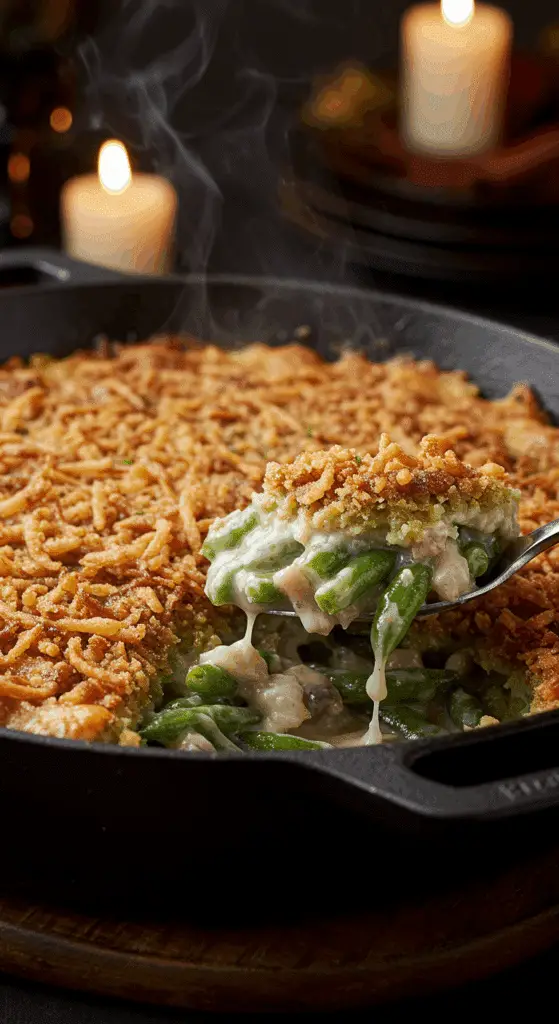 A beautiful, rustic cast-iron skillet of homemade, easy, and from-scratch Green Bean Casserole, with a golden-brown, crispy homemade onion crust and a creamy, mushroom and green bean interior.