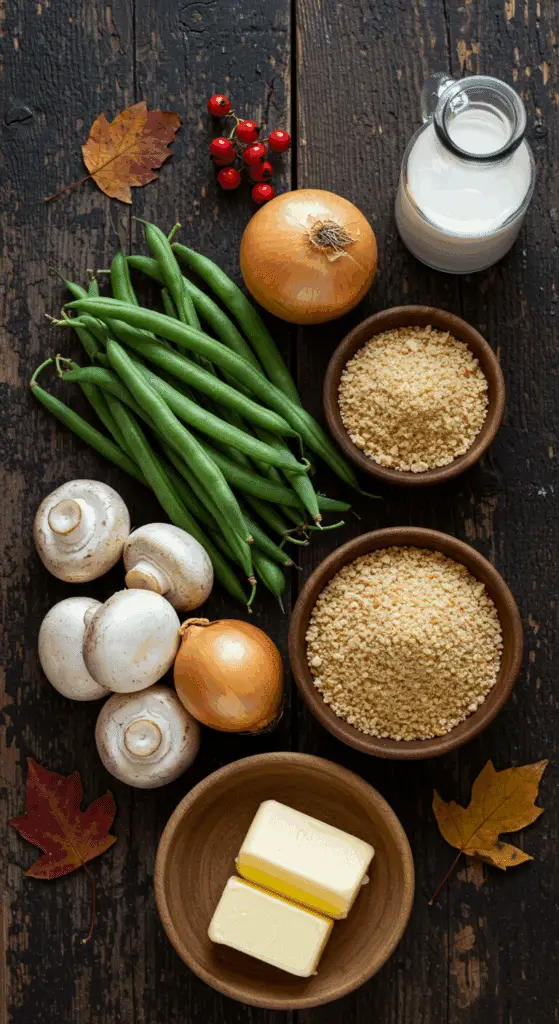 The simple, from-scratch ingredients for the classic and impressive Holiday Green Bean Casserole.