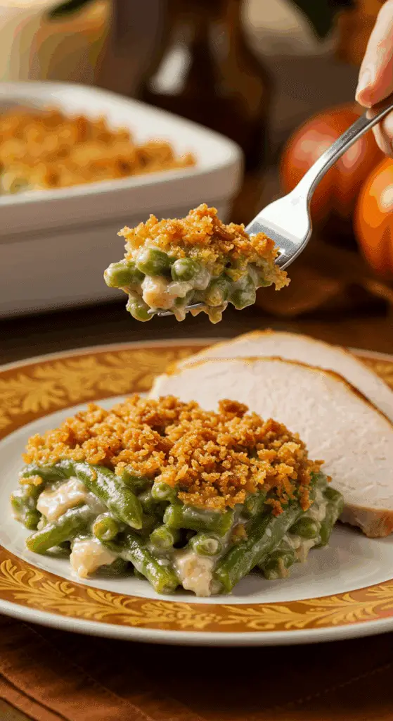 A beautiful plate of a homemade, elegant, and crispy-topped Green Bean Casserole, being served with a thick slice of a roasted turkey at a Thanksgiving dinner.