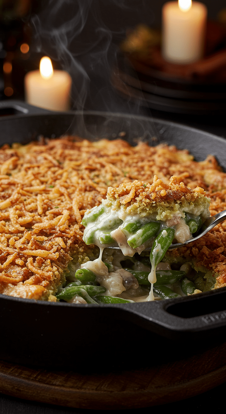 A beautiful, rustic cast-iron skillet of homemade, easy, and from-scratch Green Bean Casserole, with a golden-brown, crispy homemade onion crust and a creamy, mushroom and green bean interior.