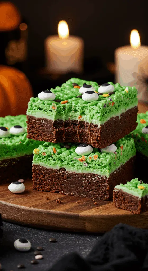 A beautiful, rustic platter of homemade, spooky, and layered Halloween Brownies, with a fudgy brownie base, a white chocolate layer, and a green, crispy treat topping with candy eyeballs.