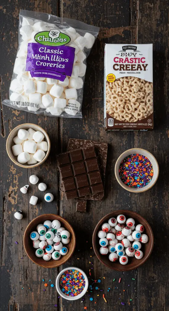 The simple, from-scratch ingredients for the easy and spooky Halloween Crispy Treat Brownies.
