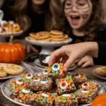 A large platter of homemade, spooky, and colorful Halloween Crispy Treat Brownies being served at a fun and casual Halloween party.