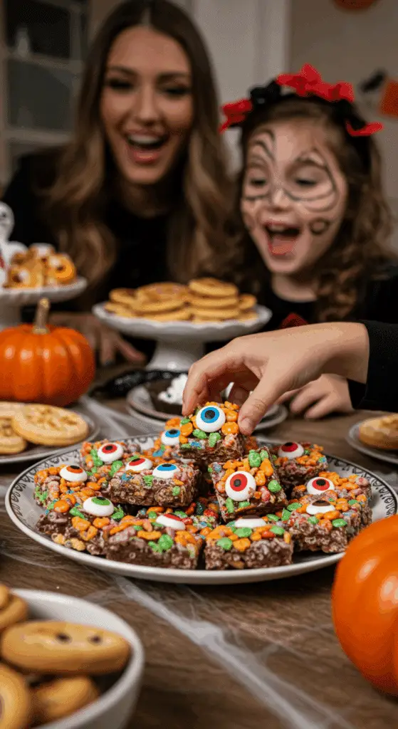 A large platter of homemade, spooky, and colorful Halloween Crispy Treat Brownies being served at a fun and casual Halloween party.