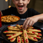 A large platter of homemade, spooky, and creepy Witch Finger Cookies being served at a fun and casual Halloween party.