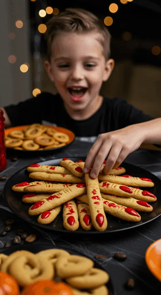 A large platter of homemade, spooky, and creepy Witch Finger Cookies being served at a fun and casual Halloween party.