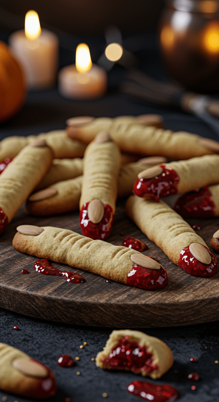 A beautiful, rustic platter of homemade, spooky, and fun Witch Finger Cookies, with a creepy almond fingernail and a "bloody" red raspberry jam dip.