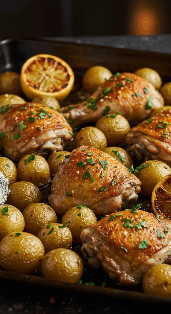 The simple, fresh ingredients for the easy and crispy One-Pan Garlic Chicken and Potatoes recipe.