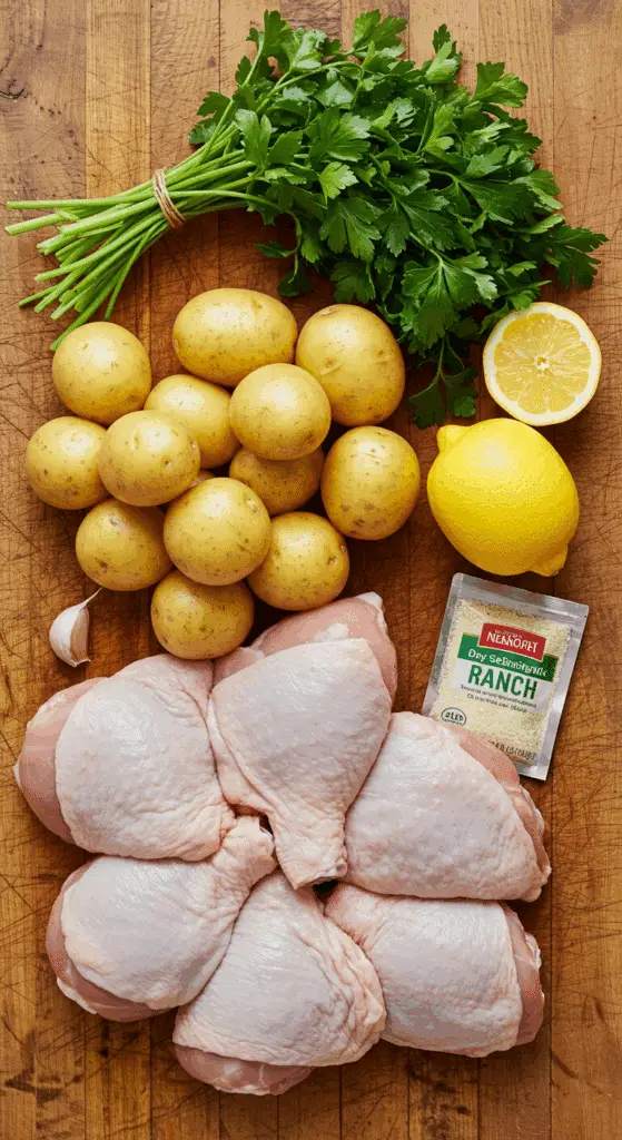 A hand using a pair of tongs to carefully place a seasoned, raw chicken thigh, skin-side down, onto a hot, preheated baking sheet with sizzling potatoes.