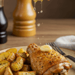 A beautiful plate of homemade, crispy One-Pan Garlic Chicken and Potatoes, with a hand squeezing the soft, roasted garlic cloves over the top.