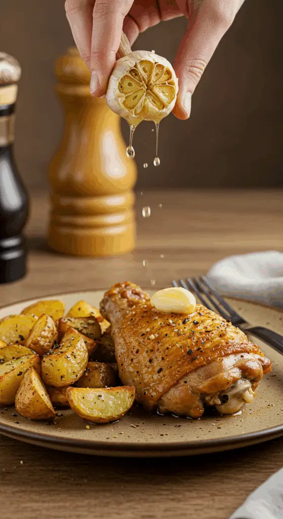 A beautiful plate of homemade, crispy One-Pan Garlic Chicken and Potatoes, with a hand squeezing the soft, roasted garlic cloves over the top.