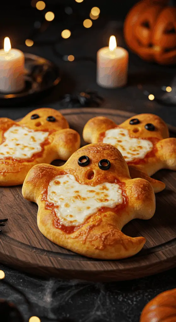 A beautiful, rustic platter of homemade, spooky, and fun Ghost Pizzas, with a golden-brown crust, a gooey white cheese topping, and cute black olive eyes.