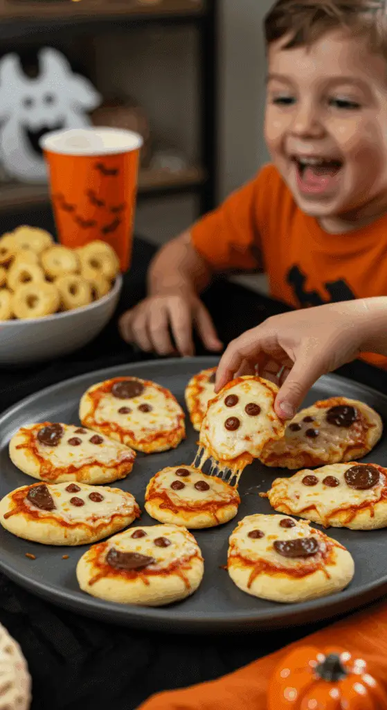 A large platter of homemade, spooky, and adorable Ghost Pizzas being served at a fun and casual Halloween party.
