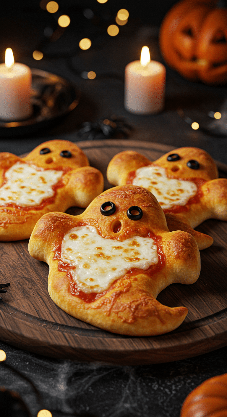A beautiful, rustic platter of homemade, spooky, and fun Ghost Pizzas, with a golden-brown crust, a gooey white cheese topping, and cute black olive eyes.