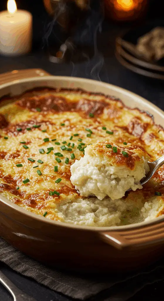 A beautiful, rustic baking dish of homemade, easy, and elegant Goat Cheese Mashed Potatoes, with a golden-brown, bubbly crust and a creamy, silky interior.