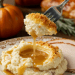 A beautiful plate of a homemade, elegant, and crispy-topped Goat Cheese Mashed Potatoes, being served with a thick slice of a roasted turkey and gravy at a Thanksgiving dinner.