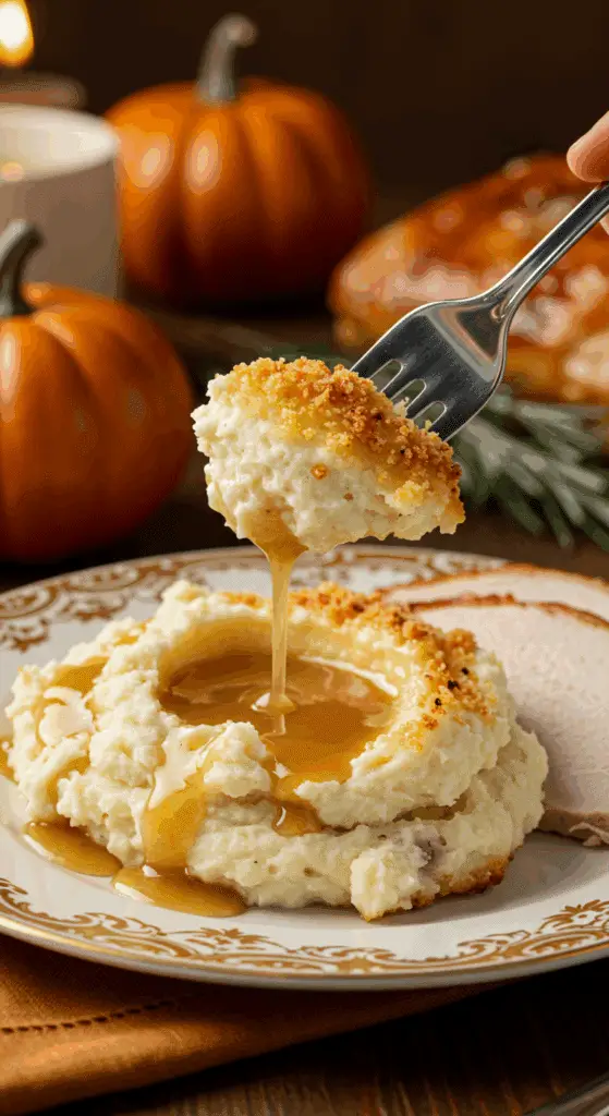 A beautiful plate of a homemade, elegant, and crispy-topped Goat Cheese Mashed Potatoes, being served with a thick slice of a roasted turkey and gravy at a Thanksgiving dinner.