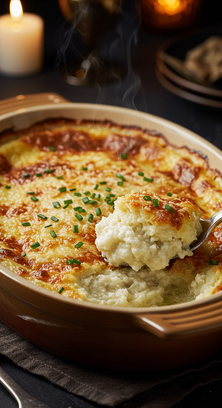 A beautiful, rustic baking dish of homemade, easy, and elegant Goat Cheese Mashed Potatoes, with a golden-brown, bubbly crust and a creamy, silky interior.