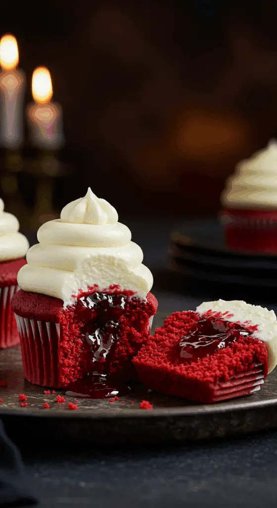 A beautiful, rustic platter with a homemade, spooky, and gory Red Velvet Vampire Cupcake, with "bloody" raspberry jam dripping from two bite marks in the white cream cheese frosting.