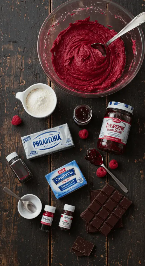 The simple, from-scratch ingredients for the easy and spooky Red Velvet Vampire Cupcakes.
