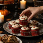 A large platter of homemade, spooky, and "bloody" Red Velvet Vampire Cupcakes being served at a fun and sophisticated Halloween party.