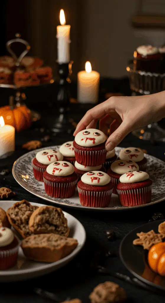 A large platter of homemade, spooky, and "bloody" Red Velvet Vampire Cupcakes being served at a fun and sophisticated Halloween party.