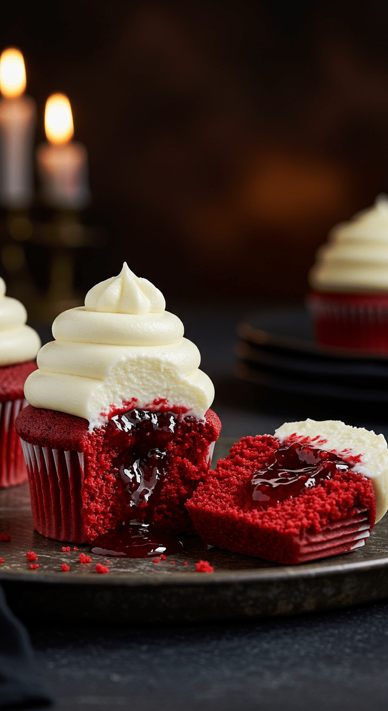 A beautiful, rustic platter with a homemade, spooky, and gory Red Velvet Vampire Cupcake, with "bloody" raspberry jam dripping from two bite marks in the white cream cheese frosting.