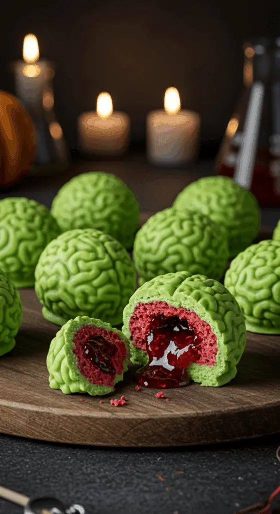 A beautiful, rustic platter of homemade, spooky, and gory Halloween Brain Cake Pops, with one cracked open to show the red velvet cake filling and a surprise "bloody" jam center.