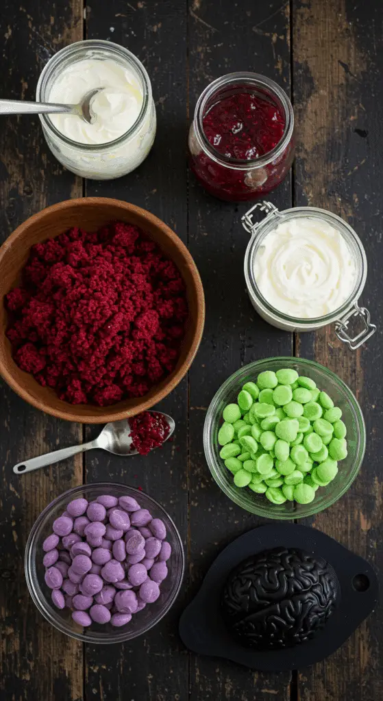 The simple, from-scratch ingredients for the easy and spooky Halloween Brain Cake Pops.
