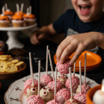 A large platter of homemade, spooky, and colorful Halloween Brain Cake Pops being served at a fun and casual Halloween party.